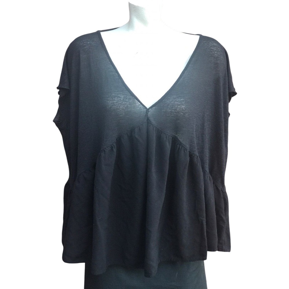T.La Anthropologie Black Linen Blend Open Back Babydoll Peplum Top Large USA